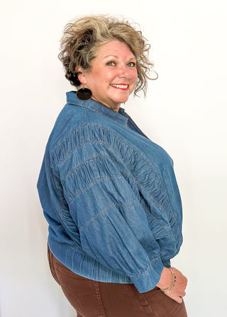 Denim Collared zip up jacket with ruched detail