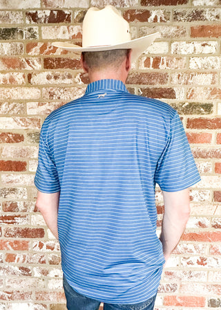 Men's Fieldstone Blue and White Striped Polo Shirt with Dog logo on left chest.