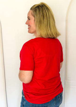 red v-neck short sleeve tee