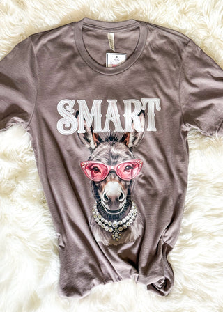 brown graphic tee with "SMART" donkey