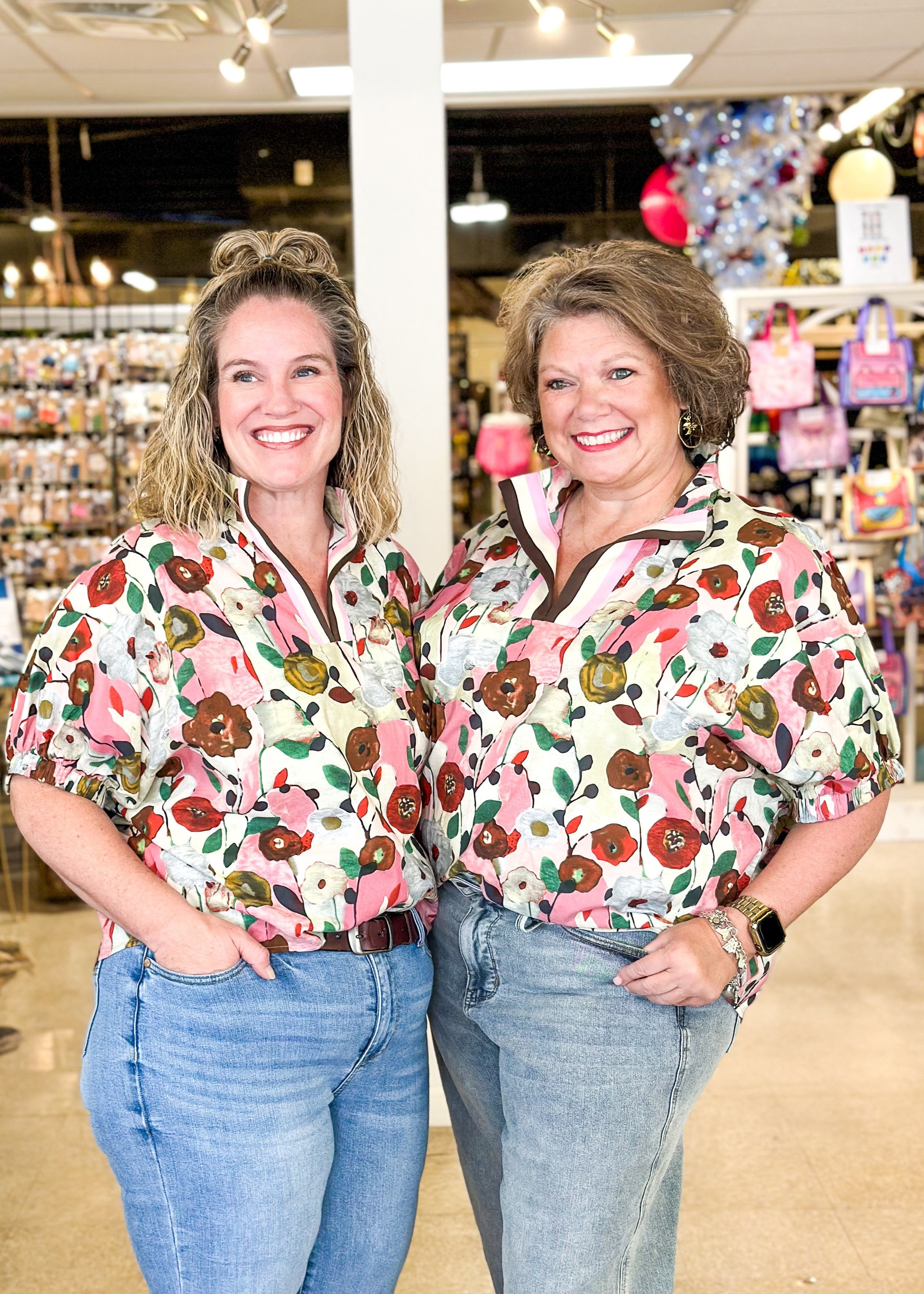 fall floral print short sleeve top with striped v-neck collar and elastic cuff on sleeve