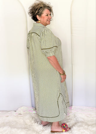Vertical Stripe Dress in a relaxed silhouette with collar, solid olive contrast detail and pockets.