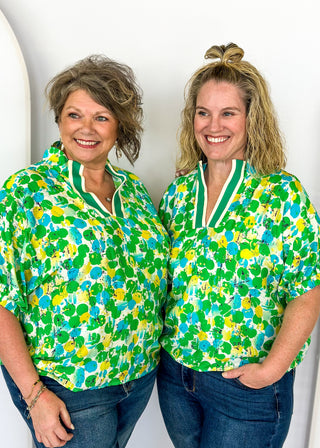 green blue yellow and white abstract print top with stripe neck detail - elastic band on elbow length dolman sleeve