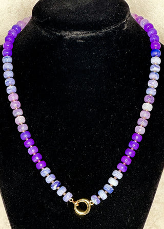 close up of Lavender Love Beaded Necklace with gold clasp