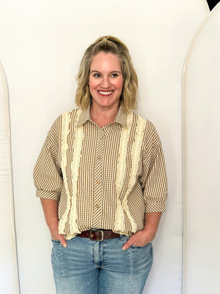 Gingham Button Up Blouse with Ruffle Trim
