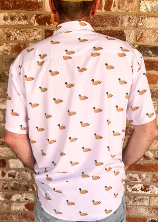 White Fieldstone men's button-up shirt with small mallard duck print.