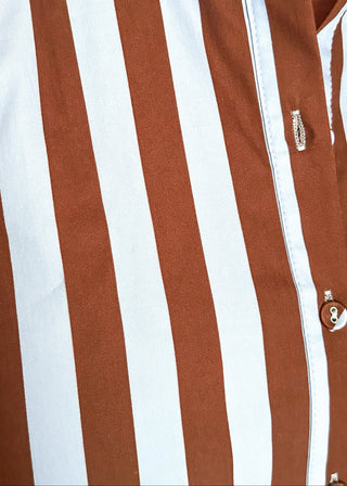 Close up of blue and brown stripe dress fabric