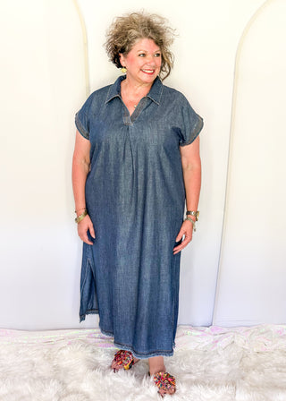 women's short sleeve vneck denim dress with pockets