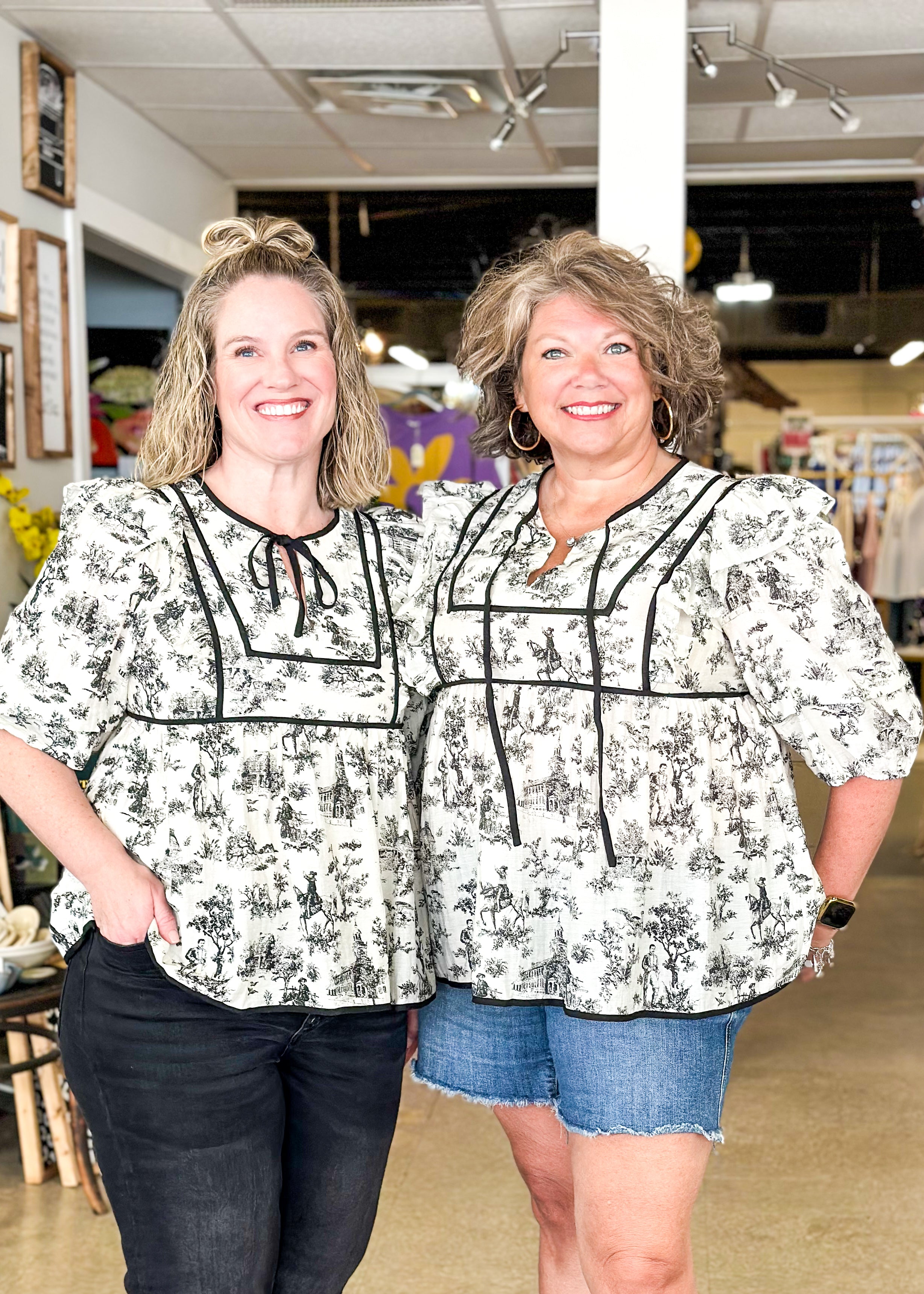 Floral Babydoll Top w/Black Piping