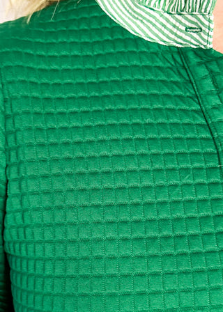 Green quilted 3/4 length sleeve dress with green and white stripe ruffle collar and matching sleeve detail.  Knee length