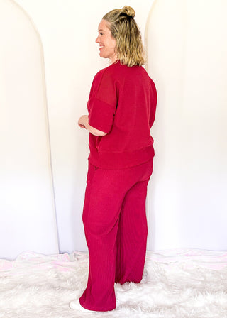 Two piece ribbed outfit in Cabernet featuring boxy top and wide leg pants