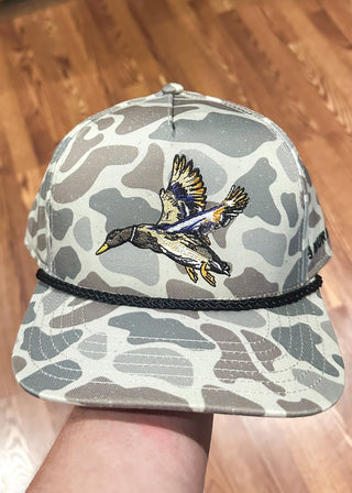 men's snapback baseball hat - gray camo with embroidered duc on the front