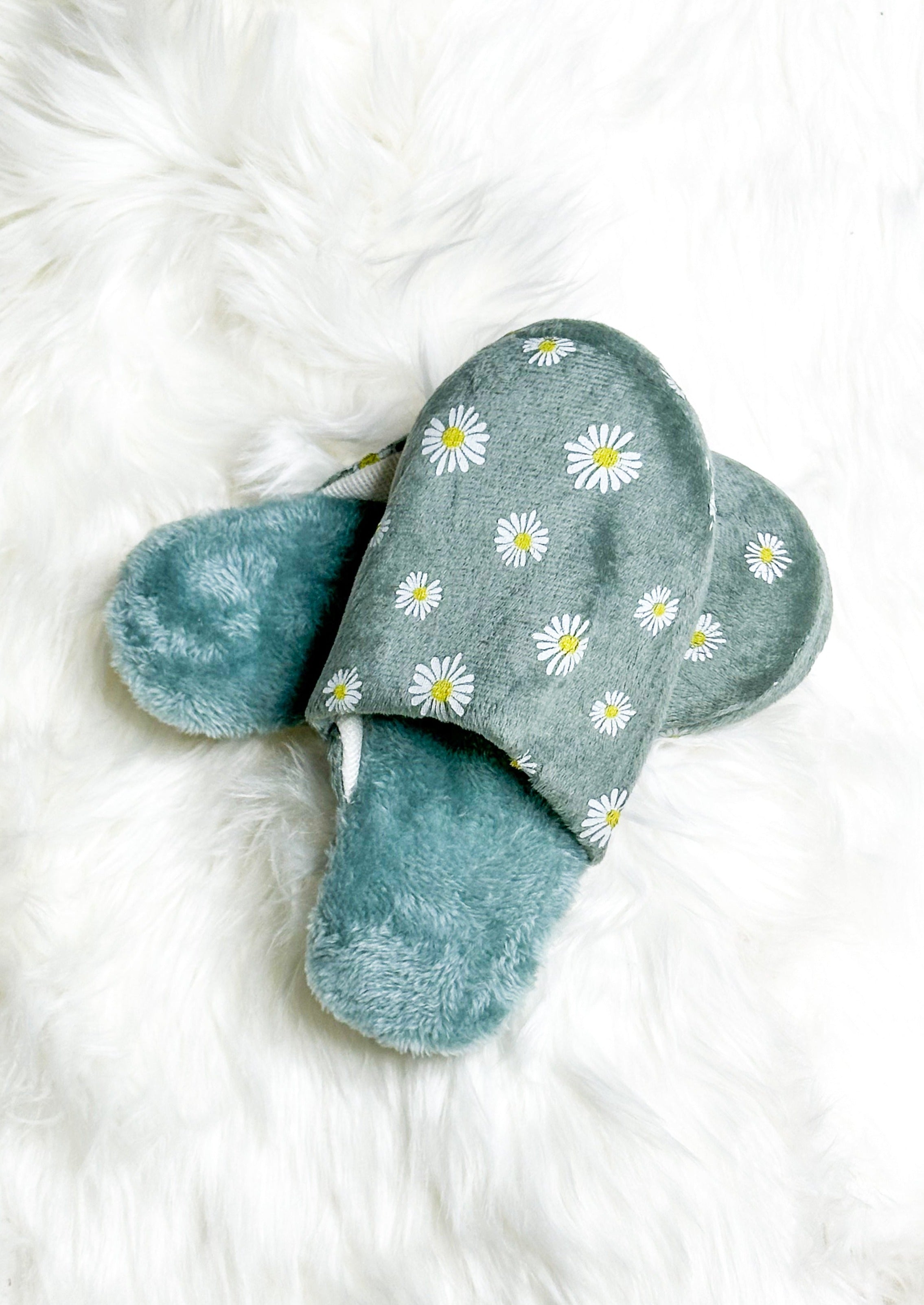 fuzzy slip on slippers with daisies on the top - sage