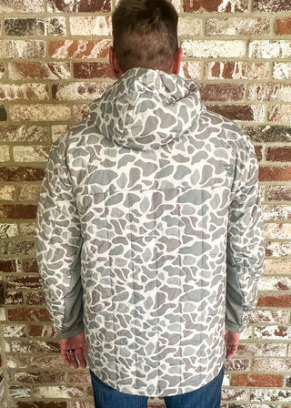 back of man modeling Burlebo camo jacket