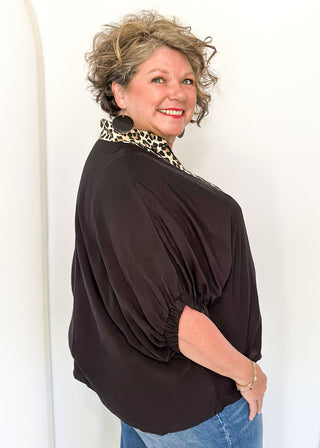 black dolman short sleeve with double leopard stripe v-neck
