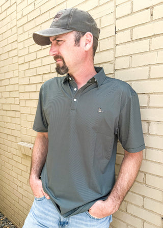 Men's moisture wicking performance button up polo in dark green and white stripes