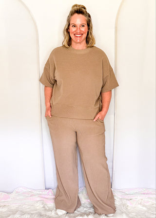 Two piece ribbed outfit in Cocoa featuring boxy top and wide leg pants