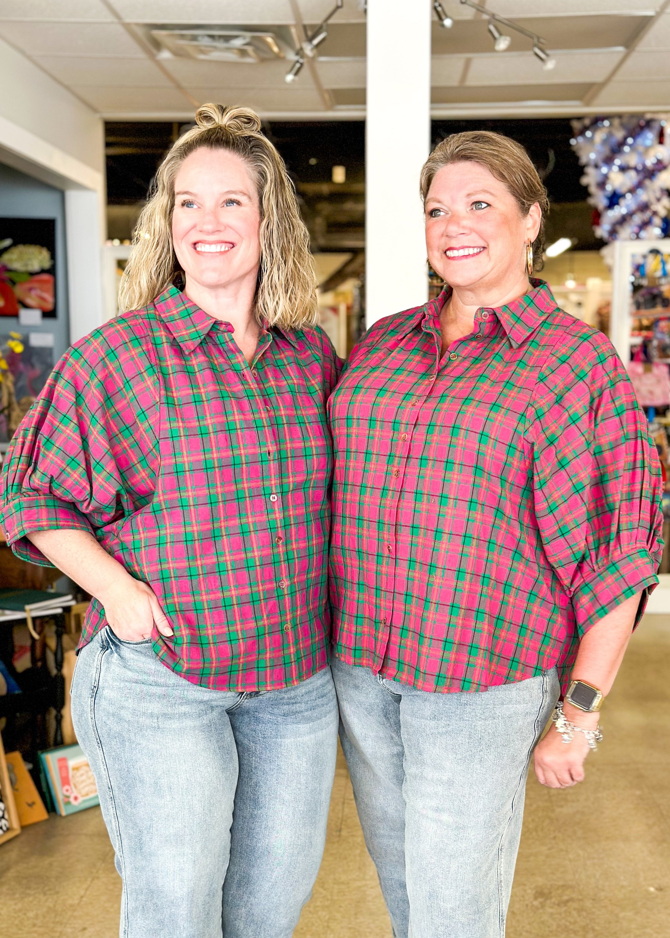 plaid button up top with wide sleeve and cuff, collar, magenta and green plaid