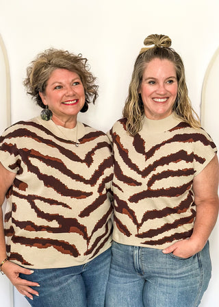 tiger striped short sleeve sweater with oatmeal background