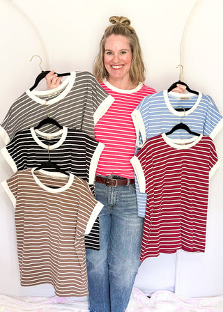 wide striped top with cuffed sleeves, and white banded rounded neckline in all colorways