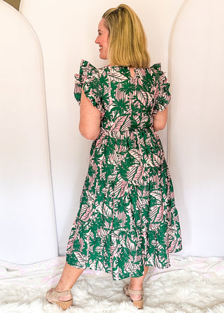 Ruffle sleeve midi dress with pink and green tropical leaves