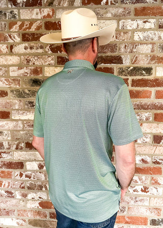 Men's Green Polo with diamond geometric design.