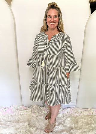 3/4 sleeve striped dress with ruffle cuffs and tiered skirt