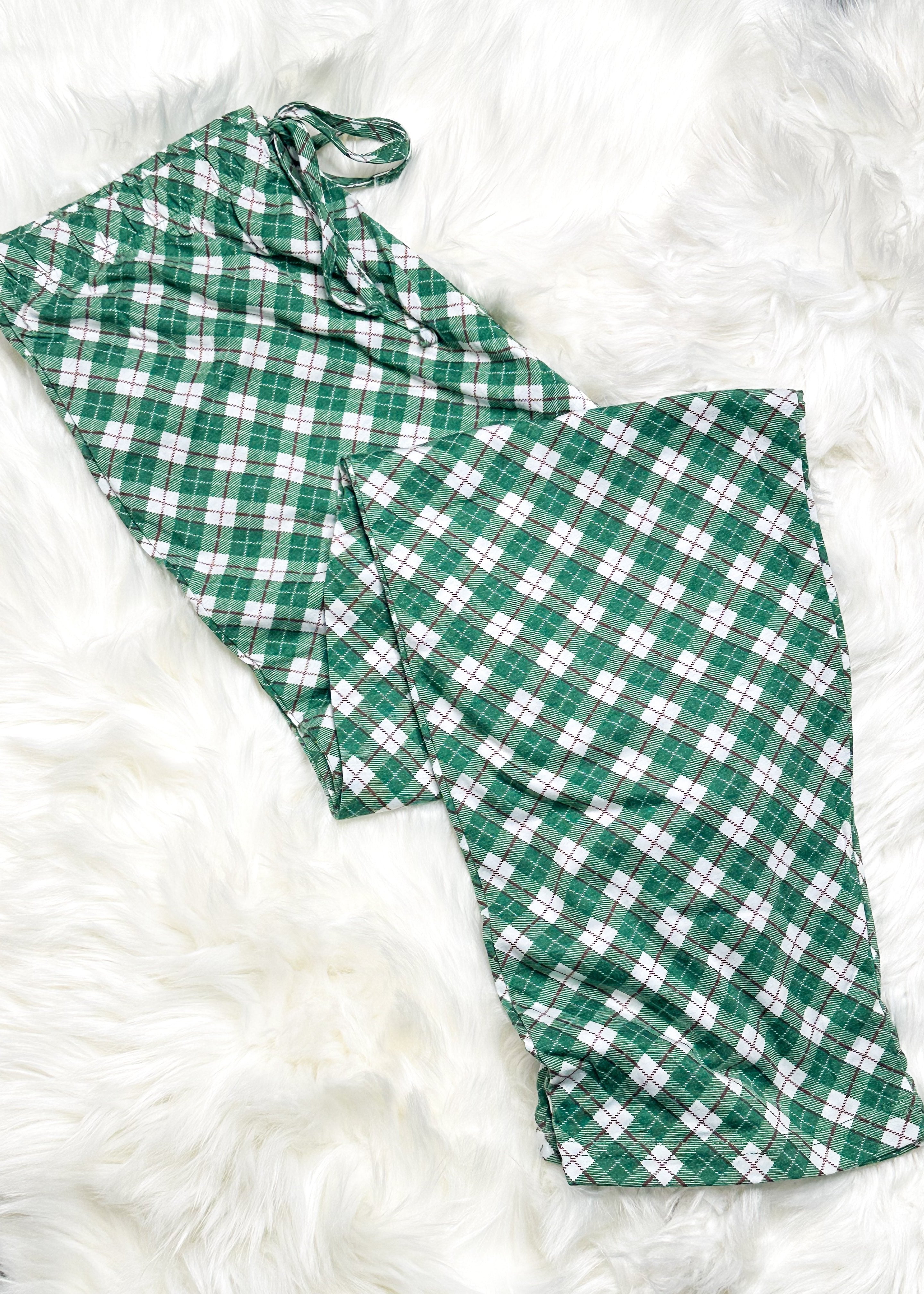 red, green and white plaid pajama pants with tie waist