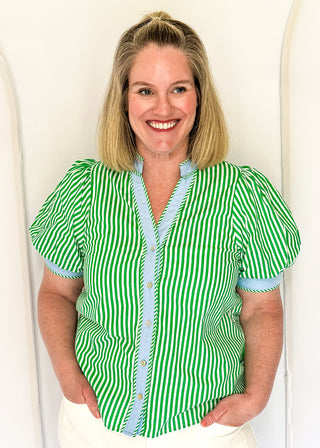 Striped button-down top with V-neckline, short puff sleeves, and contrast trim detailing