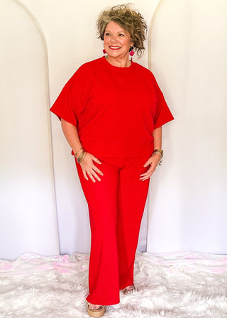 Two piece ribbed outfit in Red featuring boxy top and wide leg pants