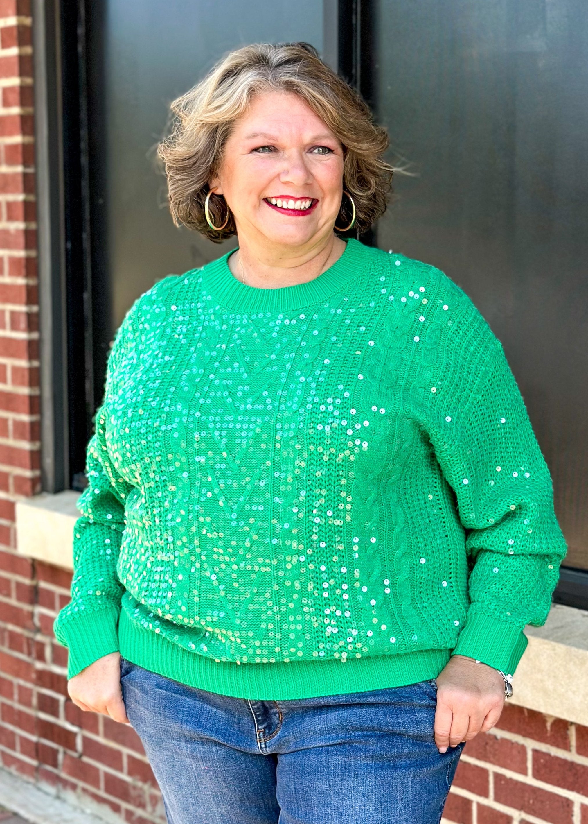 clear sequin long sleeve crew neck knitted green sweater