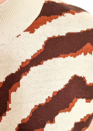 tiger striped short sleeve sweater with oatmeal background