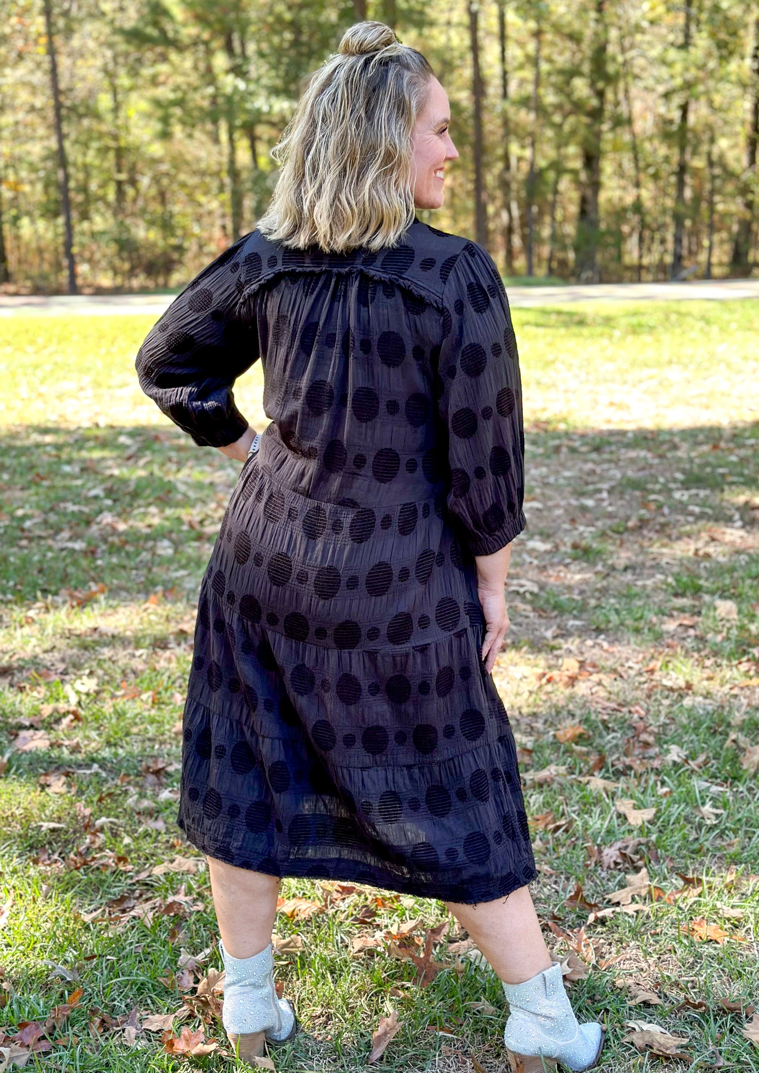 Long Sleeve Black Dot Midi Dress