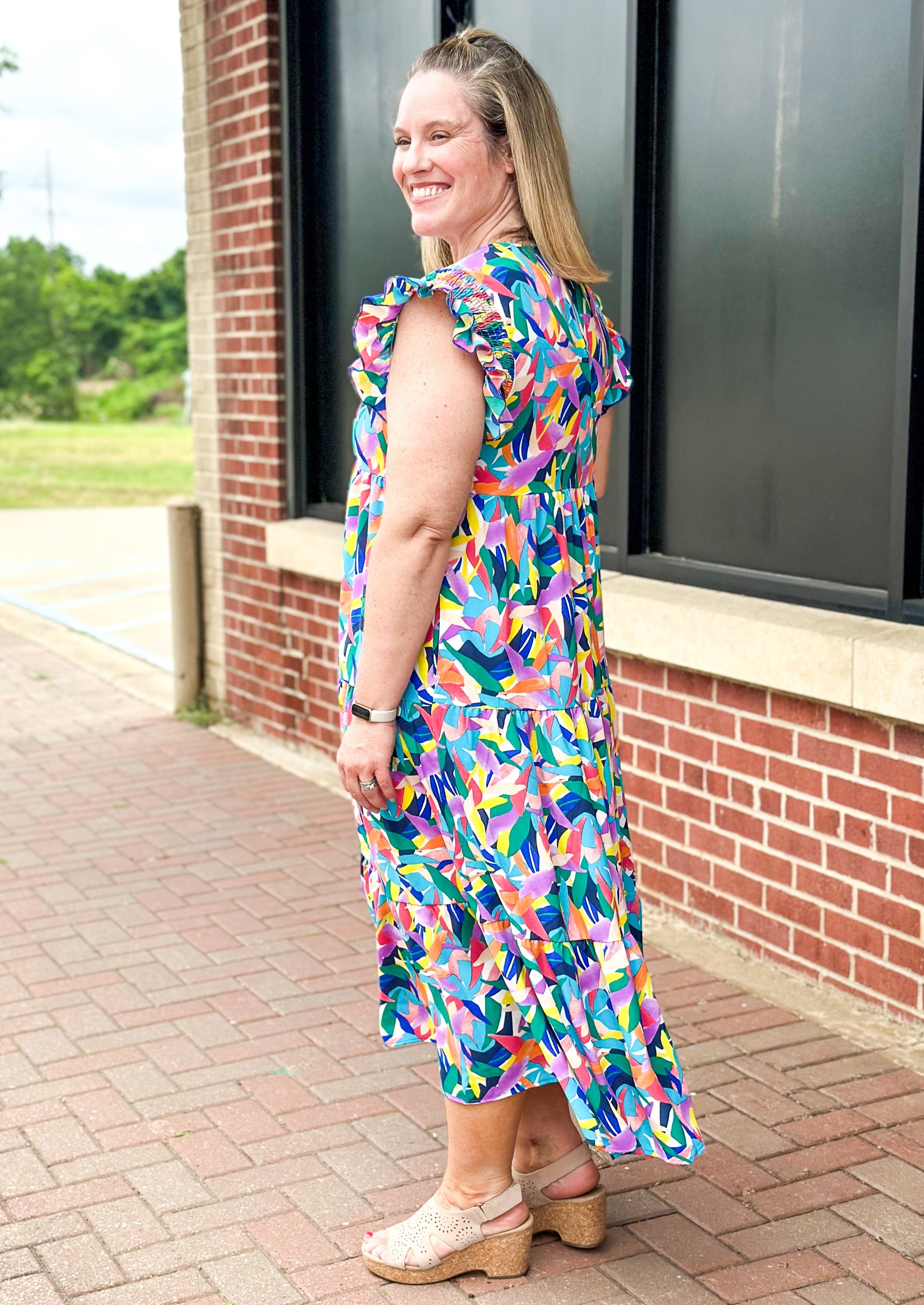 bright patterned tiered maxi dress with pockets and ruffle sleeve - keyhole with button back 