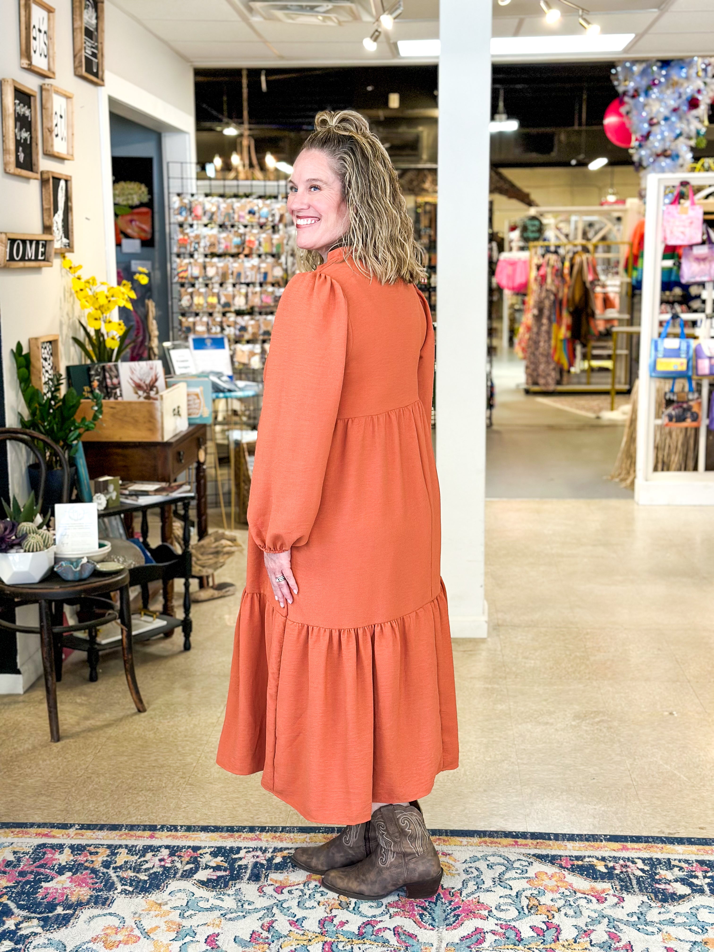 Tiered Bubble Long Sleeve Midi Dress - Pumpkin