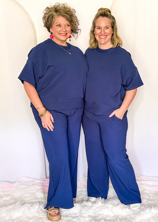 Two piece ribbed outfit in Navy featuring boxy top and wide leg pants