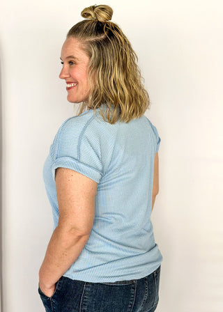 Light Blue ribbed short sleeve top, v-neck