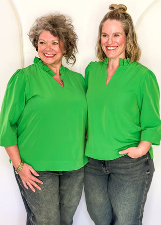 Women's ruffle collar blouse with 3/4 sleeve- in kelly green