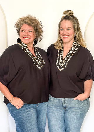 black dolman short sleeve with double leopard stripe v-neck