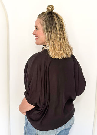 black dolman short sleeve with double leopard stripe v-neck