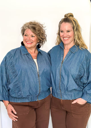 Denim Collared zip up jacket with ruched detail