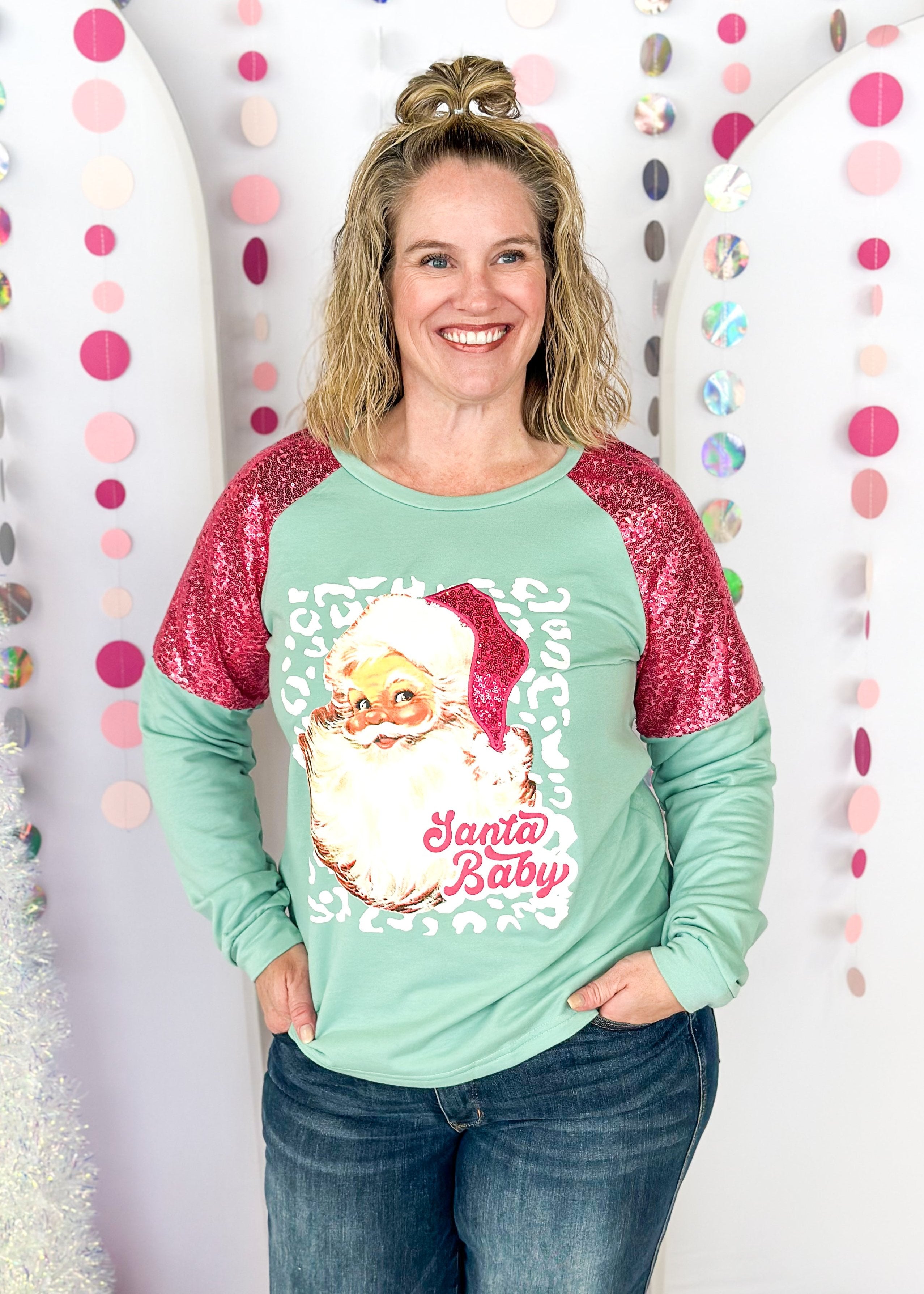 mint long sleeve with santa head over leopard on the front - pink sequin shoulder and santa hat - says santy baby on the front