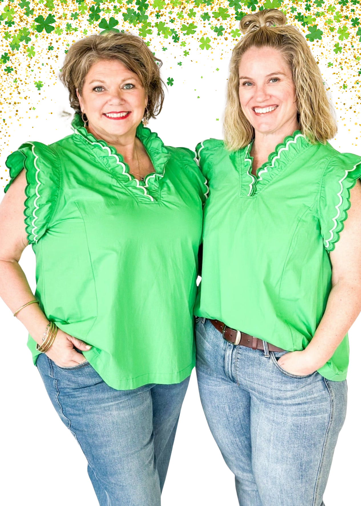 Solid kelly green short sleeve ruffle top.  Double ruffle around the sleeve and collar stitched in dark green and white.  