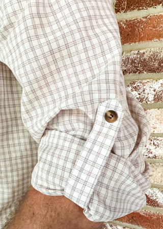 mens plaid button up long sleeve shirt - off white with collar