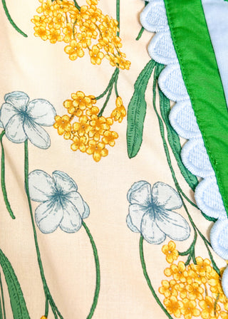 Close up of spring floral top with short sleeves, easy silhouette, and colorful yellow, blue and green.