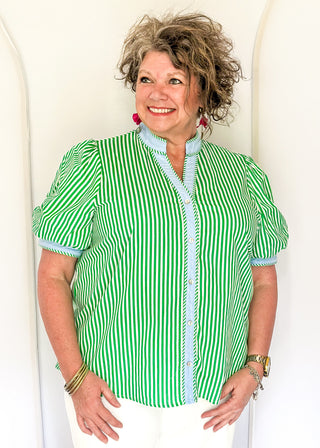 Striped button-down top with V-neckline, short puff sleeves, and contrast trim detailing