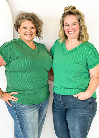 Ribbed V Neck top in Kelly Green 