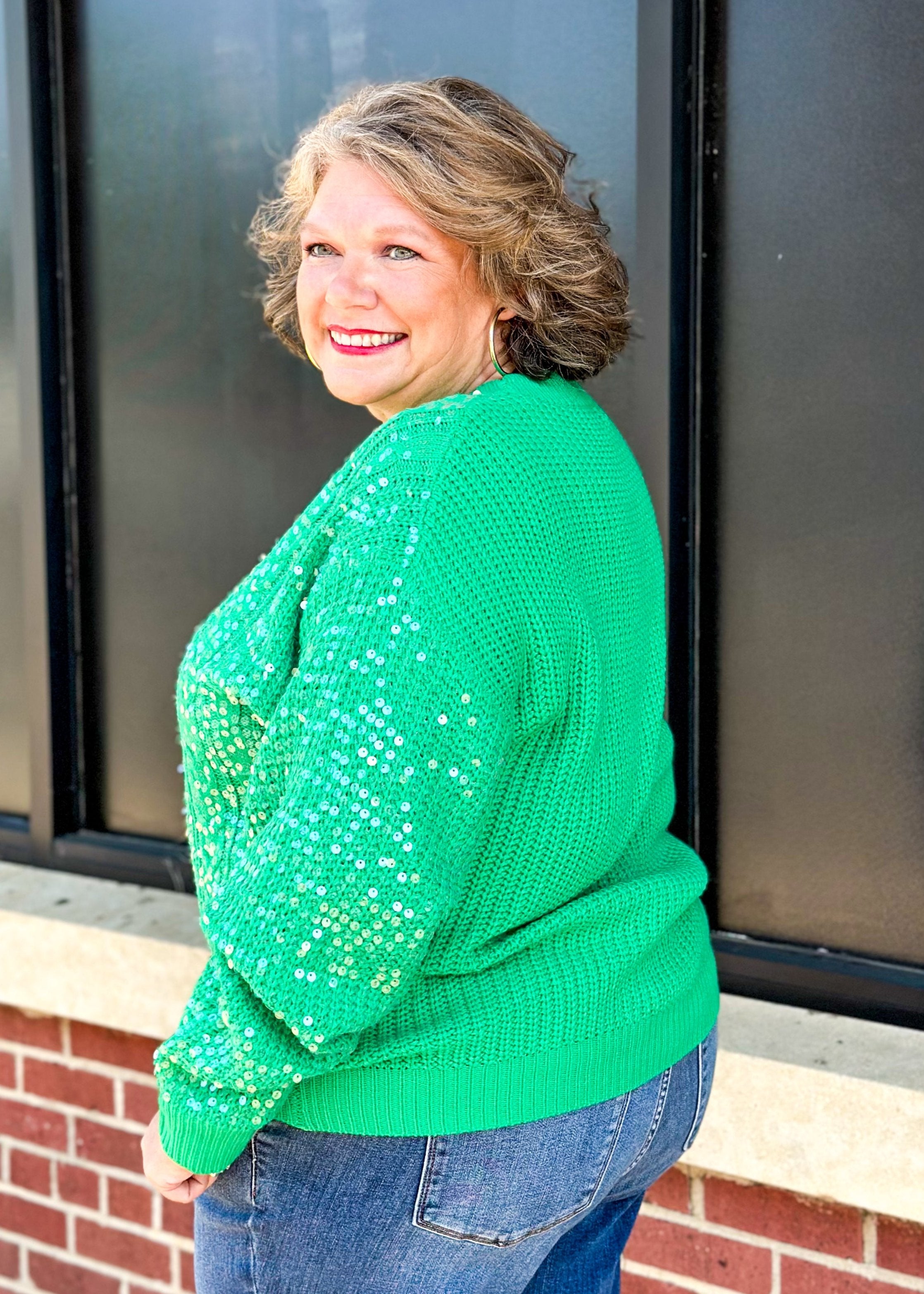 clear sequin long sleeve crew neck knitted green sweater