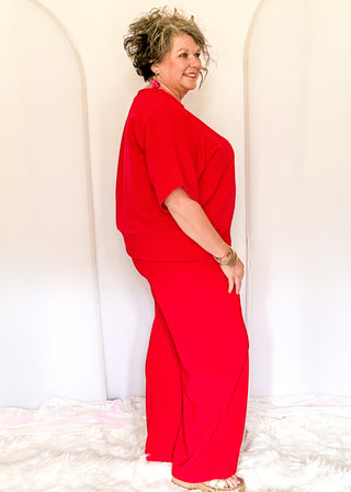 Two piece ribbed outfit in Red featuring boxy top and wide leg pants