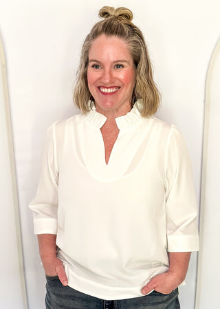 Women's ruffle collar blouse with 3/4 sleeve- in off white